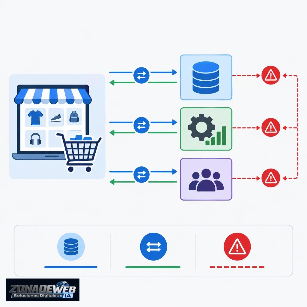 Esquema de una tienda conectada con sistemas de gestión y base de datos, con flujos de información y revisión de incidencias.