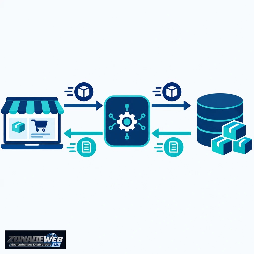Esquema conceptual del intercambio de pedidos y disponibilidad entre un canal de venta y un ERP.
