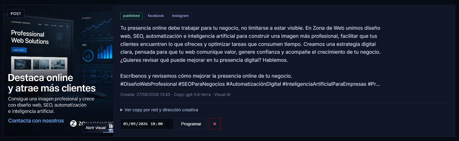 Ejemplo real de publicación generada y programada